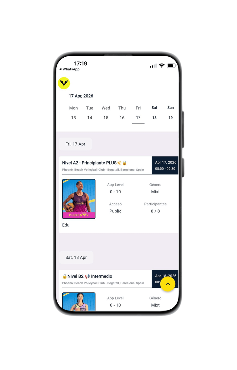 Horario del club en la app móvil