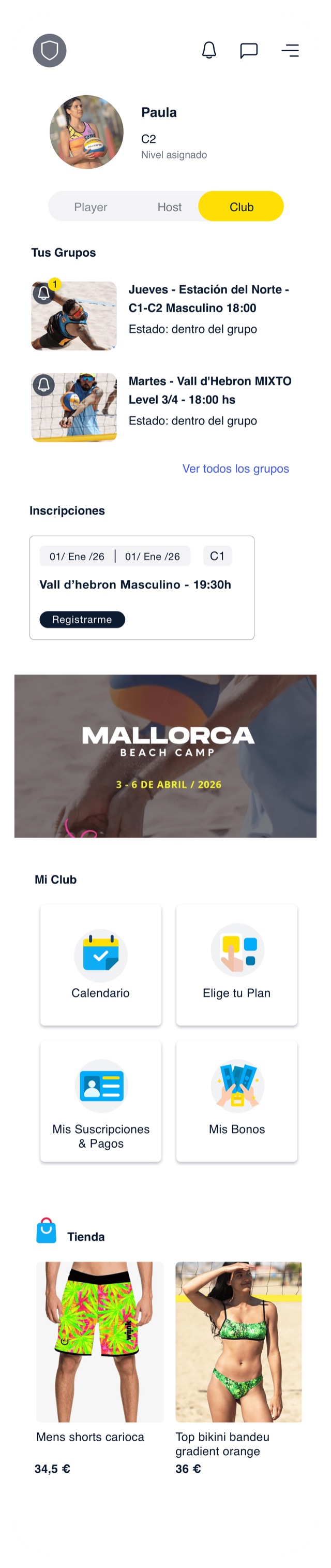 App móvil del club vista por un jugador